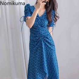 Nomikuma Korean Style Floral Printed Dress Women V Neck Short Sleeve Drawstring Lace Up Summer Dresses Vintage Vestidos 3b357 210514