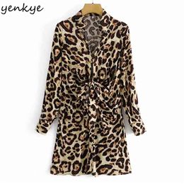 Fashion Women Front knot Sexy Leopard Dress Female Lapel Collar Long Sleeve Casual Spring Plus Size Mini Robe 210514