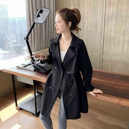 Women Trench Coats Autumn Casual Lapel Drawstring Double Breasted Mid Length Jacket Vintage Ladies Oversize Windbreaker 210507