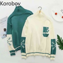 Korobov New Cute Cartoon Rabbit Contrast Colour Pullovers Snowflake Pattern Long Sleeve Turtleneck Sweater Women Pull Femme 210430