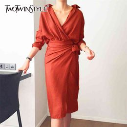 Casual Dress Female V Neck Long Sleeve High Waist Bandage Knee Length Dresses For Women Spring Fashion 210520