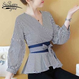 blouses woman Autumn Fashion Women Chiffon shirt Bow Striped Tops Long Sleeve V-neck Clothing blusas 5559 50 210427