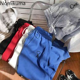 Nomikuma Causal Sweatpants Korean Love Heart Embroidery Harem Pants Lace Up Stretch Waist Ankle Trousers Spring New 6E323 210427