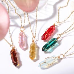 Fashion Colorful Glass Hexagonal Prism Pendant Gold Wire Wrap Necklace For Women Jewelry Wholesale