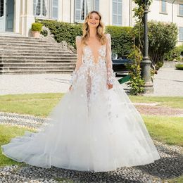 Berta Lace Backless Wedding Dresses Deep V Neck Bridal Gowns With Long Sleeves 3D Appliqued Beach A Line Sweep Train Tulle Vestido De Novia 407