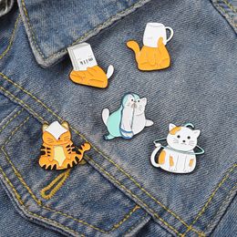 Cartoon Cat Enamel Pin Brooch Funny Animal Cup Paper Bag Orange White Kitten Badge Lapel Clothes Hat Backpack Jewelry Gift Kids Custom Wholesale