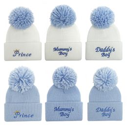 Baby Hat embroidered letter wool ball knitted hats young children's cross-border Winter warm cap mummy's daddy's boy girl princess