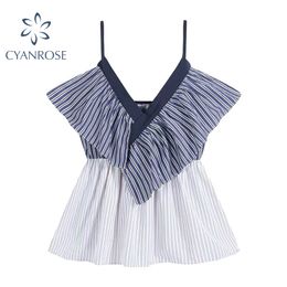 Striped Sleeveless Blouses And Shirts Women Summer V-Neck Ruffle Spliced Elegant Beach Tops Korean Stylish Slim Ins Blusas 210417