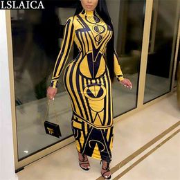 Fashion Maxi Dresses for Women Print Long Sleeve Turtleneck Autumn Sexy Bodycon Plus Size Vestido Feminino 210515