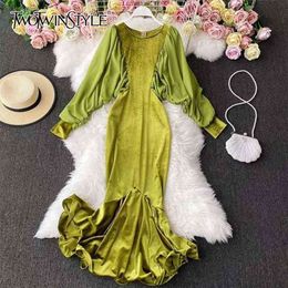 Vintage Velvet Dress For Women O Neck Lantern Sleeve High Waist Elegant Slim Party Dresses Female Fashion 210520