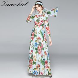 Autumn Flower Chiffon Women Holidays Long Sleeve Vintage Draped Big Swing Belt Bow Floral Print Ladies Maxi Dress + Scarf 210416