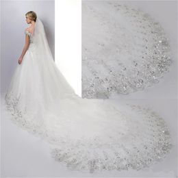 Long Bridal Veil White/Ivory Wedding Veil Lace Edge Applique Sequins Veil With Comb Cathedral Length One-Layer 3Meters Width X0726