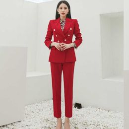autumn winter Women Pant Suits Double Breasted coat Jacket + Slim 2 Pieces Set Female Wear to Business 210531