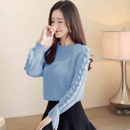 Women Sweaters Autumn Spring Stitching Round Neck Knitted Sweater Plus velvet Pullovers Bow splice Tops 64F 210420