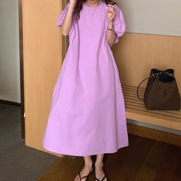Women Purple Big Size Casual Long Dress Round Neck Short Puff Sleeve Loose Fit Fashion Spring Summer 2F0525 210510