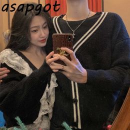 Patchwork Couple Sweater V Neck Black Ruffles Knit Cardigan Women Thick Jacket Korean Chic Loose Top Pull Femme Retro Jumpers 210610