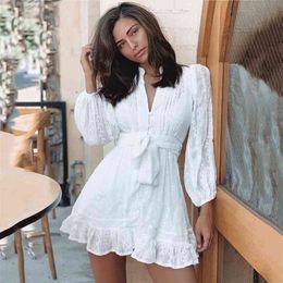 Embriodery White Lace Dress Women Cotton Lantern Long Sleeve Spring Autumn Hollow Out Button Sash Pleated Quality 210427