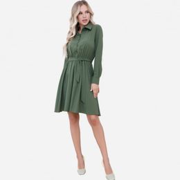 Women Vintage Green Sashes Mini A Line Dress Single Button Drawn Back Turn Down Collar Casual Dress Spring Women New Dress 210412