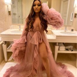 Sexy Blush Pink See Thru Long Robe Women Evening Dresses Photography Ruffles Full Sleeves Kimono Mesh Prom Night Gowns