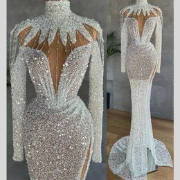African Silver Sequins Mermaid Formal Evening Dresses 2022 With Long Sleeves High Neck Split Sparkly Beaded Prom Pageant Gowns Robe De Soiree
