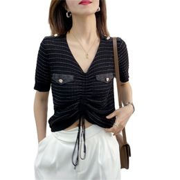 Fashion Women's Knitwear Summer Slim and Thin Striped V-neck Knit Short Sleeve T-shirt Ice Silk Top 210520