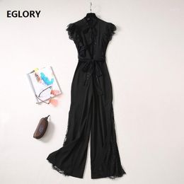 Women's Jumpsuits & Rompers High Quality Runway 2021 Summer Style Women Bow Collar Ruffle Lace Patchwork Full Length Wide Leg Pant Jumpsuit
