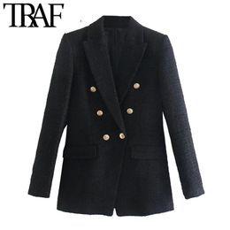 TRAF Women Fashion With Metal Button Tweed Blazer Coat Vintage Long Sleeve Flap Pockets Female Outerwear Chic Veste 211019