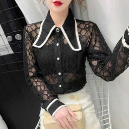 Spring Blouse Women turn down collar Lace Sleeve Shirts Korean Fashion Ladies Chic Elegant Blouses 210531