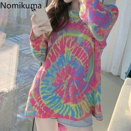 Nomikuma Tie Dye Knitted Pullover Sweater Women Contrast Colour O Neck Long Sleeve Korean Chic Jumpers Vintage Tops Ladies 3d279 210514