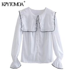 Women Sweet Fashion With Ruffled Trim Loose Blouses Long Sleeve Button-up Female Shirts Blusas Chic Tops 210420