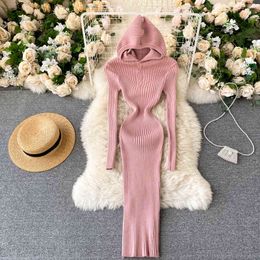 Women Hooded Knitted Dress Korean Long Sleeve Slim Elastic Pencil Dresses Autumn Winter Warm Bodycon Sweater Dress 210419