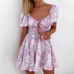 INSPIRED purple floral short puff sleeves mini dress women keyhole front elastic waist V-neck mini party dress ladies dress 210412