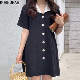 Korejpaa Women Mini Dress Summer Korean Fashion Elegant Commute Double-layer Doll Collar Single-breasted Loose Joker Dresses 210526