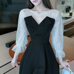 Kimutomo Sweet Mesh Patchwork V-neck Mini Dress Women Korea Style Spring Autumn Ladies Wrist Elegant Vestidos 210521