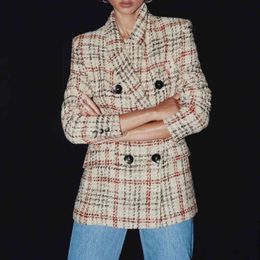 Woman Vintage Plaid Textured Blazer Coat Fashion Ladies Autumn Tweed Outerwears Female Elegant Double Breasted Coats 210515