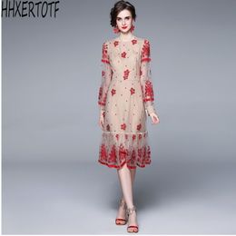 summer fashion Europe temperament women Lantern sleeve mesh Embroidery Party Dresses ruffle dress 210531