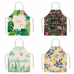 Adult Kitchen Aprons Household Durable Waterproof Oil-Proof Comfortable Leaves Sleeveless Linen Printing Work Apron Cooking Baking Bibs HY0112