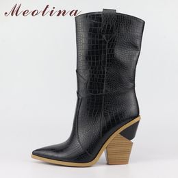 Winter Western Boots Women Fashion Strange Style Heels Mid-calf Super High Heel Shoes Ladies Fall Plus Size 33-46 210517