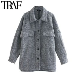 TRAF Women Fashion Oversized Pockets Asymmetric Jacket Coat Vintage Long Sleeve Split Hem Female Outerwear Chic Tops 210415