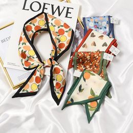 Scarves Chic Small Silk Scarf Thin Hair Band Plaid Leopard Love Heart Print Bag Handle Ribbon Long Strip Suit Neck Tie Headscarf