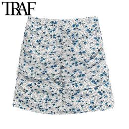 TRAF Women Chic Fashion Floral Print Draped Mini Skirt Vintage High Waist Back Zipper Female Skirts Casual Faldas Mujer 210621