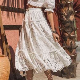 Inspired ANGLAISE skirt Women gathered tiers white long skirt hotllow out cotton casual skirts new elastic waist skirt 210412