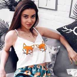 Cartoon Print Kawaii Sleepwear Spring V-Neck Sexy Pyjamas For Women Spaghetti Strap Casual Satin Female Set 2 Pcs Home Suit 210901