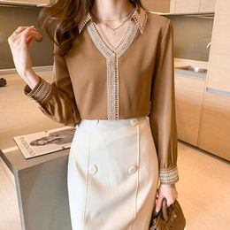 Korean Women Silk Shirts Blouses Woman Lace Hollow Out V-Neck Embroidered Long Sleeve Blouse Plus Size 210604