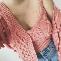 Knitted Twist Vintage Cropped Cardigans Women Spring Autumn Sweater Short Pink Sets 210427