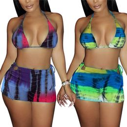 Women's Swimwear 2021 Women Two-piece Swimming Clothes Set Tie-dyed Printed Pattern Halter Neck Tops And Skirt Womens Costume Biquini