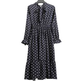 PERHAPS U Chiffon Bow Lace Up Polka Dot Black Puff Sleeve Long Sleeve Fit And Flare Midi Dress D0785 210529