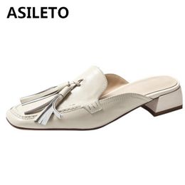 Slippers ASILETO 2021 Comfort Plus Leisure Ladies Mules Tassel Square Toe Slingbacks 3cm Chunky Heel US10 11 Black Beige A4325