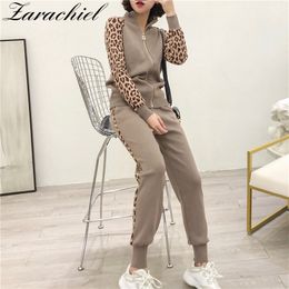 Leopard Jacquard Tracksuit Jacket Trousers Sets Women Slim Long Sleeve Zipper Cardigan+Pencil Pant Suit 2 Piece Set 210416