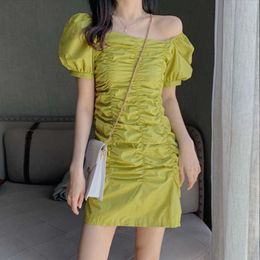Ins fashion Europe folds Vintage dress summer sexy Harajuku high waist solid Colour square collar casual women 210608